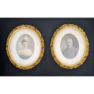 Pair Ornate Guild Floral Oval Victorian Wooden Picture Frames With Man Woman